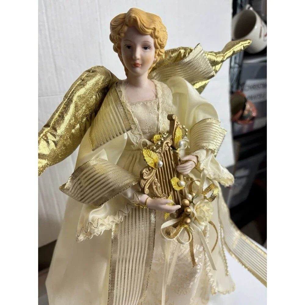 Vintage Porcelain Christmas Tree Topper Angel Gold Wings Harp 16” Ivory Decor